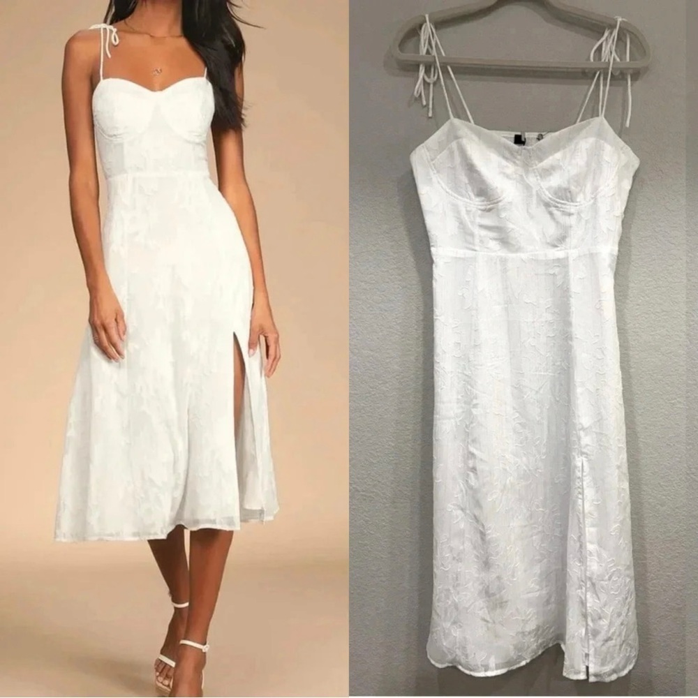 NWOT‎ Lulus Loveliest Looks White Floral Jacquard Tie-Strap Midi Dress